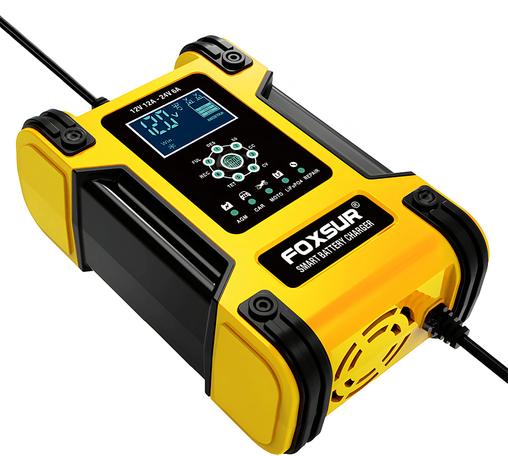 Зарядное устройство для автомобильного аккумулятора Foxsur FBC122412D Yellow 12 В 12 А - 24 В 6 A, 6-200 Ач импульсное автоматическое 7-ступенчатое