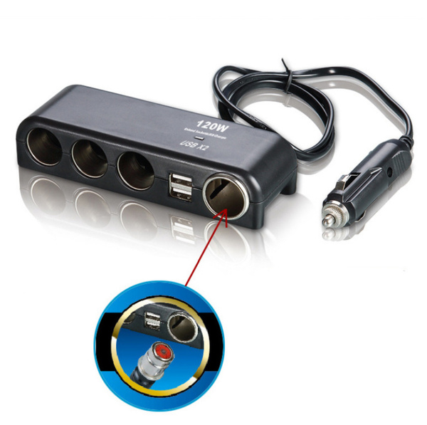 Разветвитель для прикуривателяадаптер-переходник автомобильный OLESSON 1525 на 4 гнезда 1224В + 2 гнездо USB, Кнопка вклвыкл на шнуре