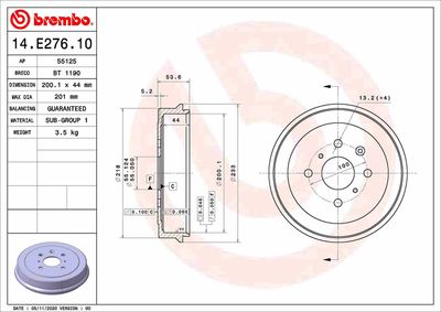 14E27610 BREMBO Тормозной барабан