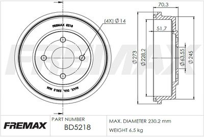 BD5218 FREMAX Тормозной барабан