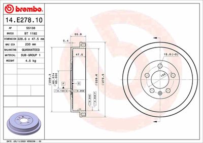 14E27810 BREMBO Тормозной барабан