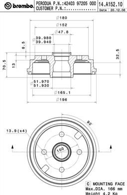 14A15210 BREMBO Тормозной барабан